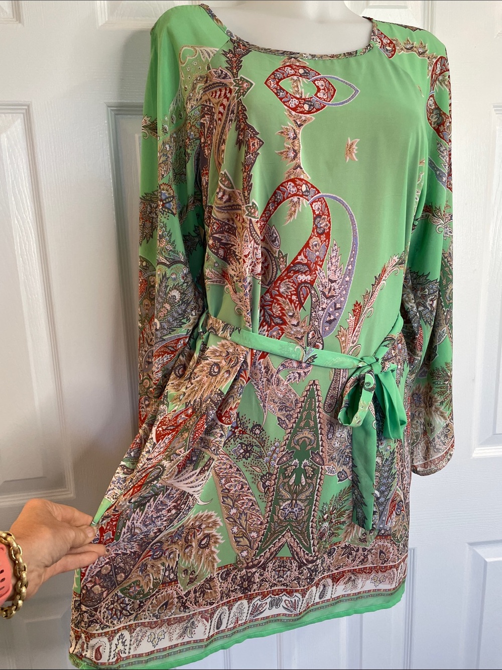 UMGEE GREEN PAISLEY LONG SLEEVE BELTED SHIFT DATE NIGHT VACATION DRESS SZ M - Picture 5 of 14